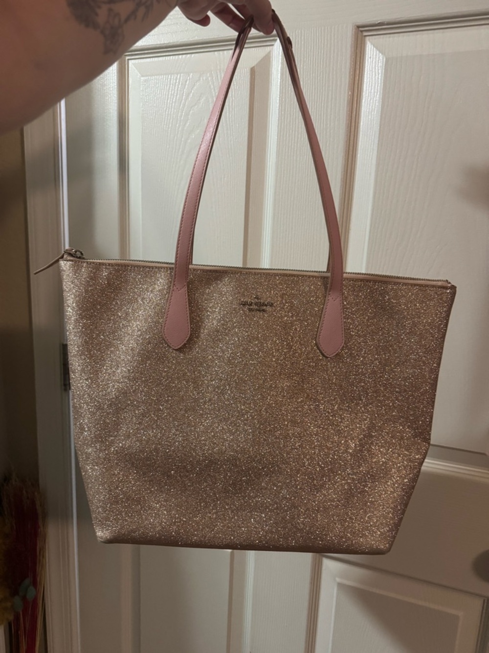 kate spade Glitter Tote in Rose Gold with Pink Handles